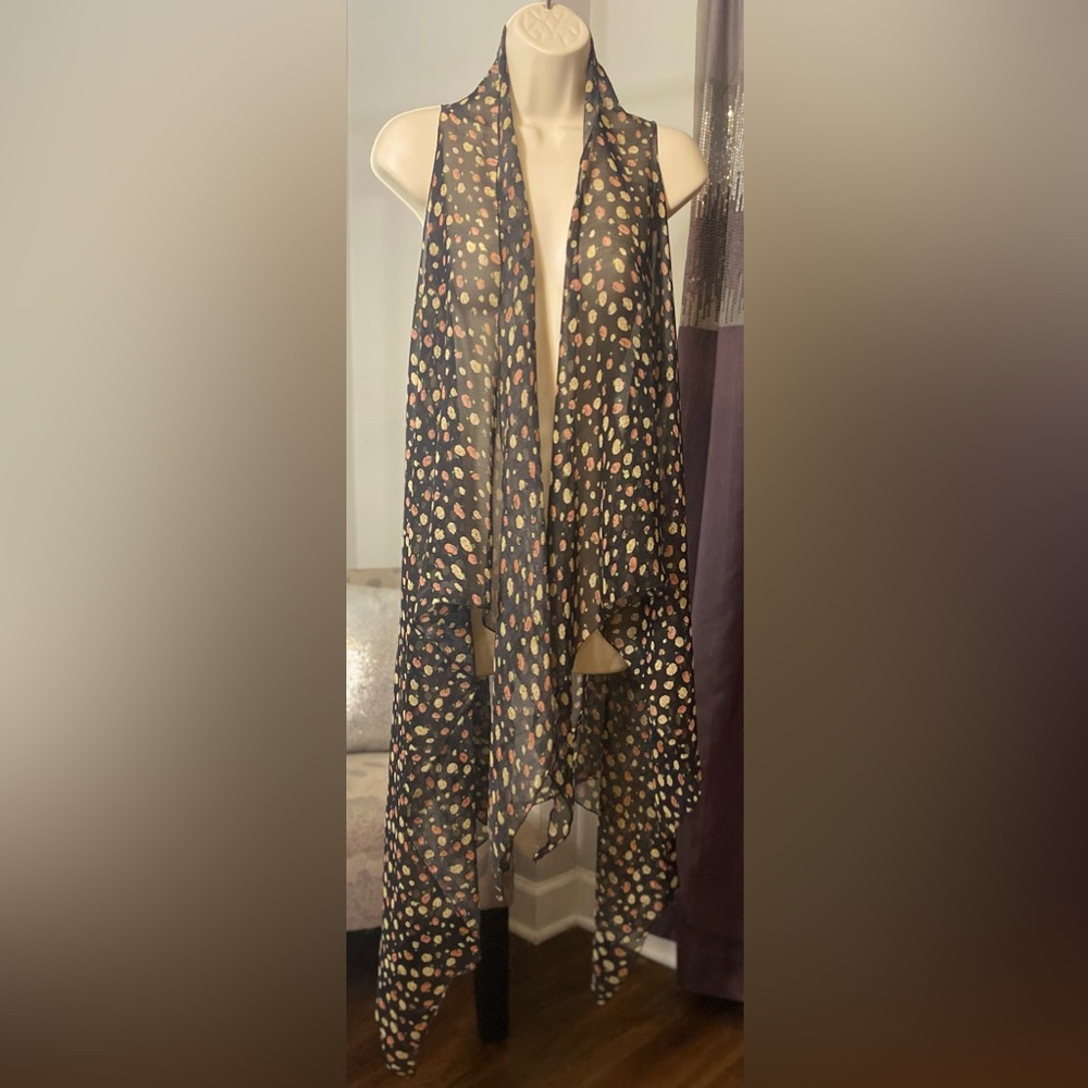 Black Ditsy Floral Chiffon Sleeveless Draped Duster S
